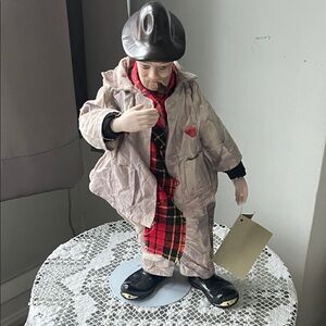 Vintage Hobo Doll, bisque porcelain with scarf,hobo bag, pipe,16 in tall. GUC
